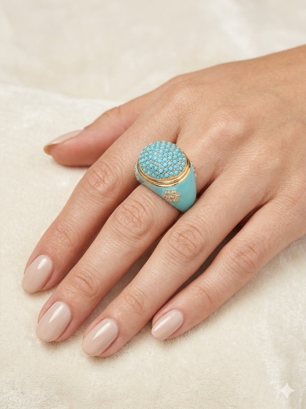Vintage AKKAD Ibiza Turquoise Rhinestone Enamel Cocktail Ring Size 9